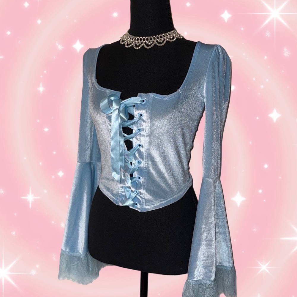 Sugar Thrillz Blue Velvet Lace Up Bell Sleeve Top Size Small